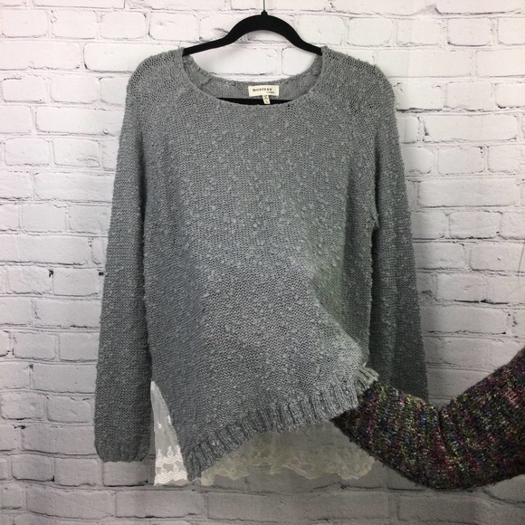Monteau Los Angeles Grey Swiss Dot Lace Hem Boat Neck Pullover Sweater L - Picture 15 of 16